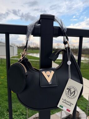 Valentino Orlandi Black Crescent Shoulder Bag with Gold V Accent